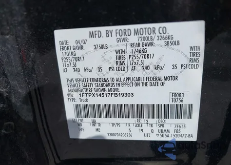 2007 Ford F-150 Fx4/Lariat/Xl/Xlt z USA, uszkodzony, nr VIN 1FTPX14517FB19303